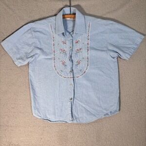 Capacity Button Up Shirt Womens Size S Blue Embroidered Floral Cottagecore‎ Farm